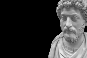Marble bust of Marcus Aurelius on right with black background