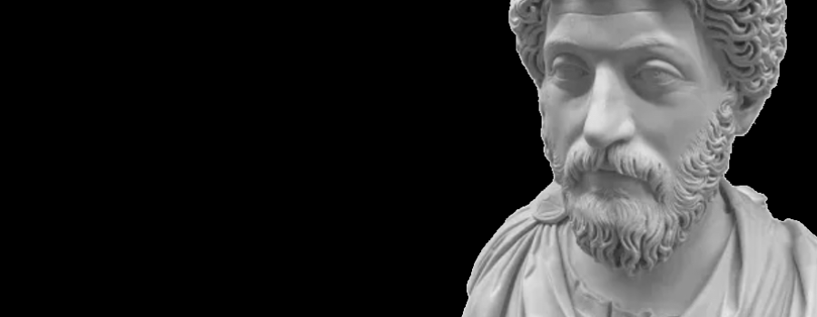 Marble bust of Marcus Aurelius on right with black background