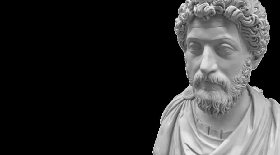 Marble bust of Marcus Aurelius on right with black background