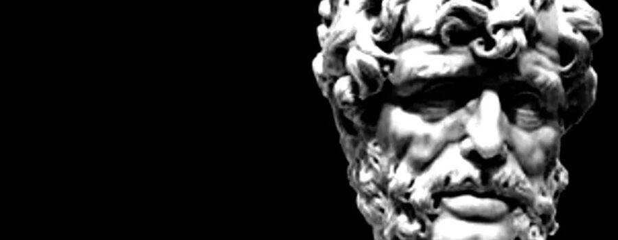 Mable bust of the famous Stoic philosopher, Seneca the Younger. Offset to the right with black background.