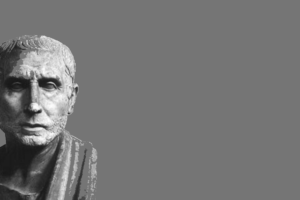 A bust of Posidonius on the left looking straight ahead. Grey background. It is on www.becomingstoic.net in a post called "Posidonius". It is part of the Ancient Sages Series.