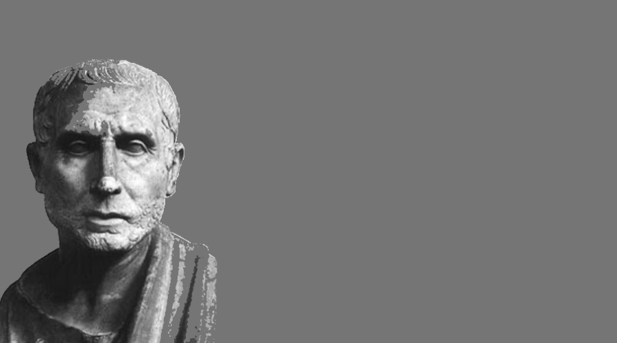 A bust of Posidonius on the left looking straight ahead. Grey background. It is on www.becomingstoic.net in a post called "Posidonius". It is part of the Ancient Sages Series.