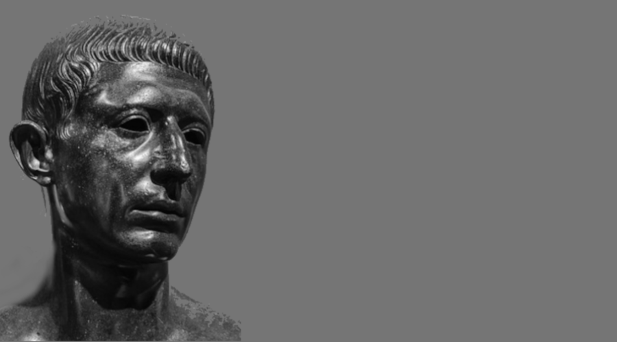 A bust of Cato the Younger is to the left., but it is looking to the right. The background is gray. This is used on www.becomingstoic.net in an article called "Cato the Younger" that is one of the Ancient Sages Serious.