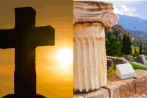Cross with sunrise background on left and an ancient column with ruins on the right. This photo is used on www.becomingstoic.net in a post called "Christianity and Stoicism"
