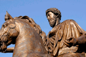 Statue of Marcus Aurelius with blue sky background. This pic is found at www.becomingstoic.net in a post called "Marcus Aurelius and Early Christianity"