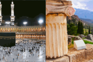 Picture of the Kaaba at night on left and an ancient column with ruins on the right. This photo is used on www.becomingstoic.net in a post called "Islam and Stoicism"