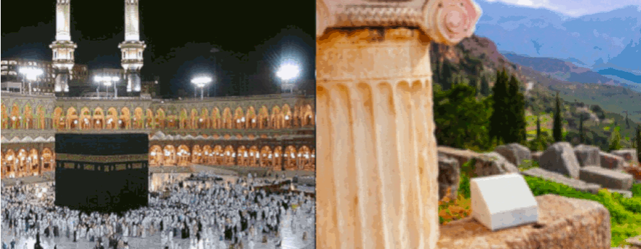 Picture of the Kaaba at night on left and an ancient column with ruins on the right. This photo is used on www.becomingstoic.net in a post called "Islam and Stoicism"